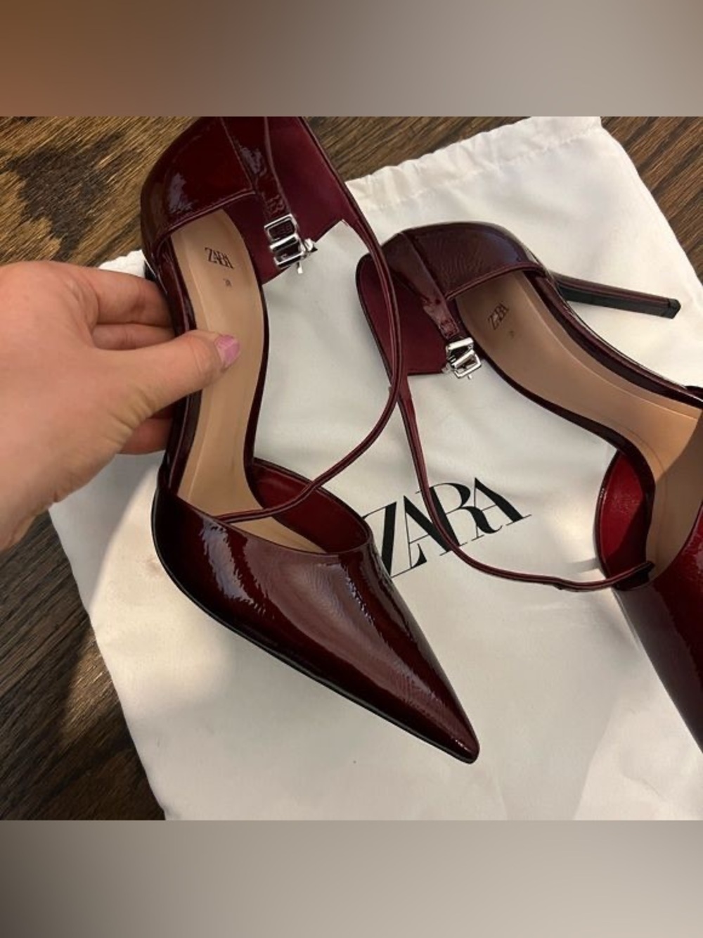 Zara Wine Patent Pointed Toe Ankle-Strap Heels Size 8